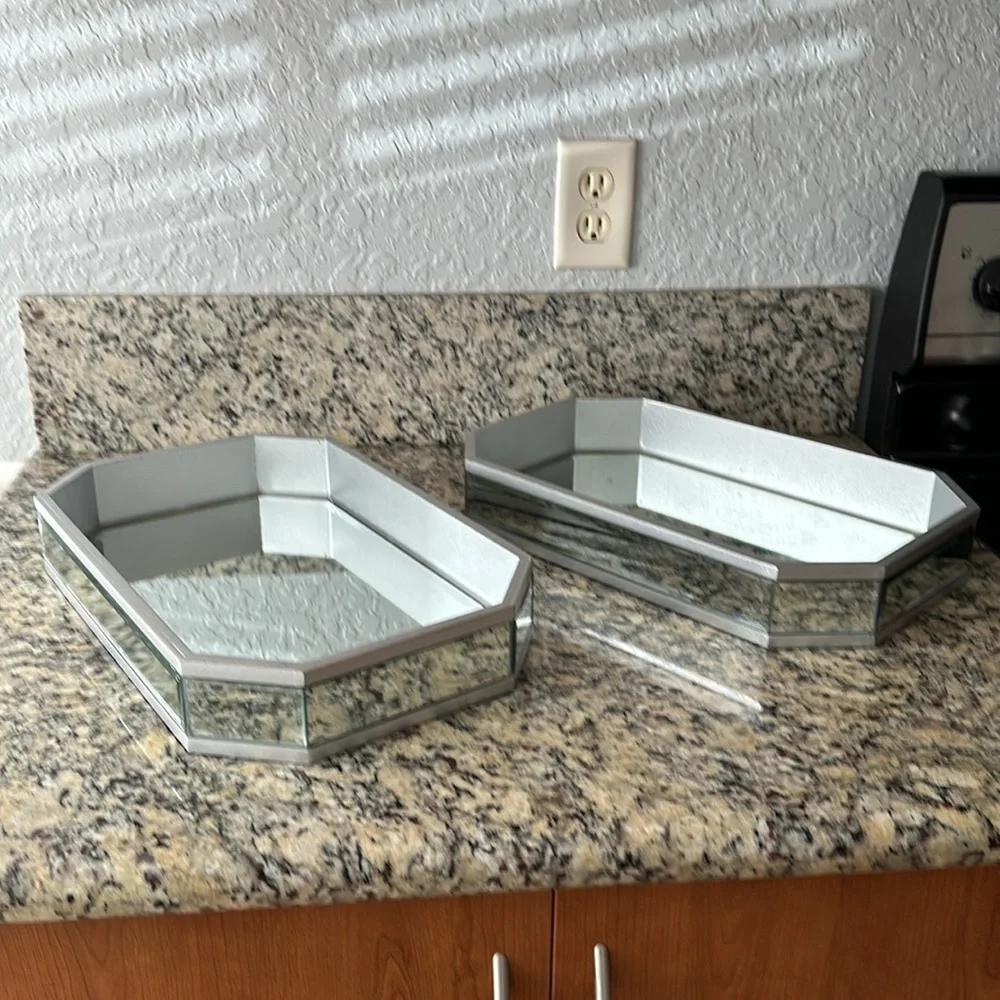 Two glass mirror trays, 16 inches wide 10 inches long
